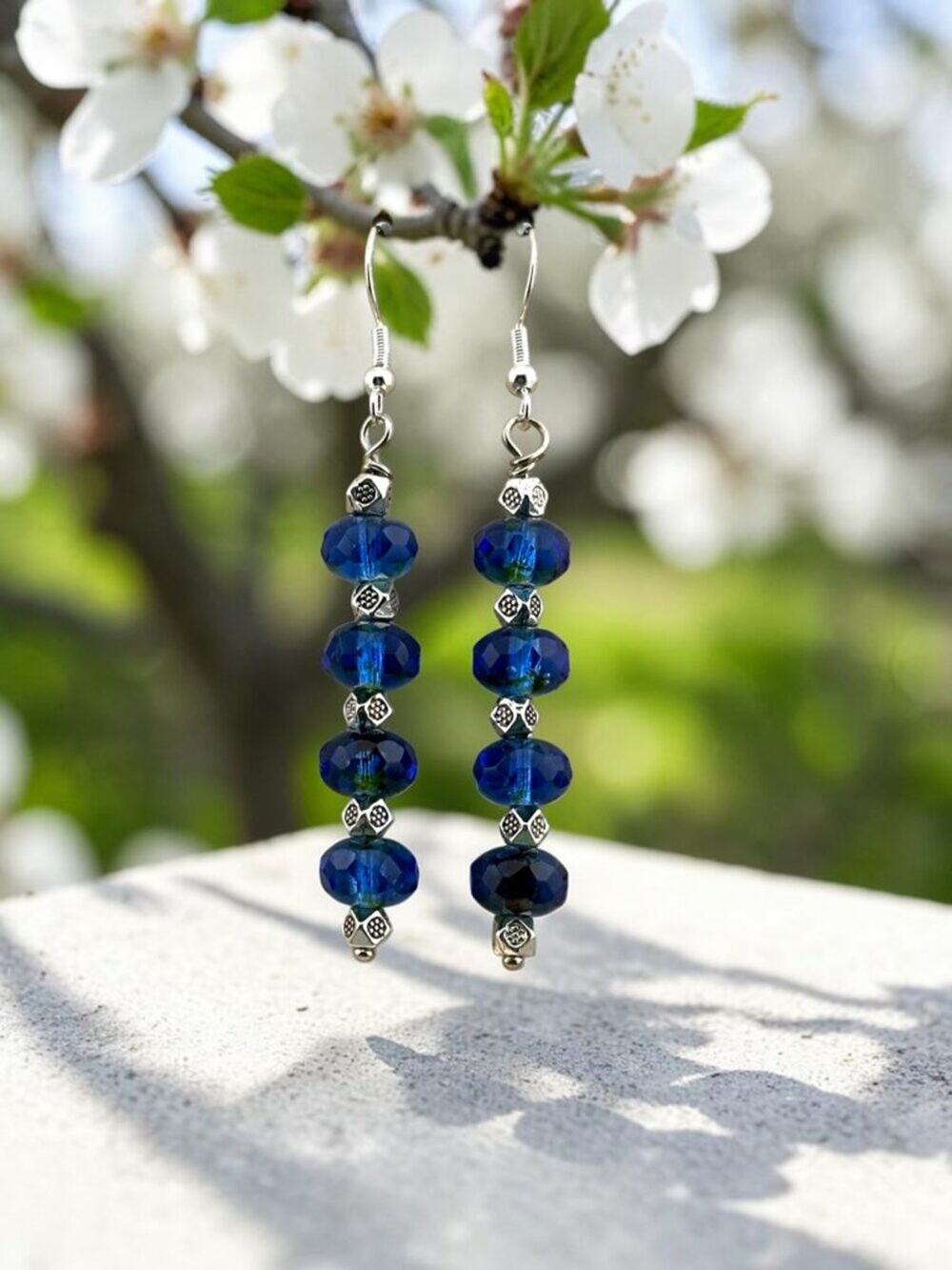 Czech Bohemian Glass Earrings Cobalt Blue Sterling Silver Long Dangle